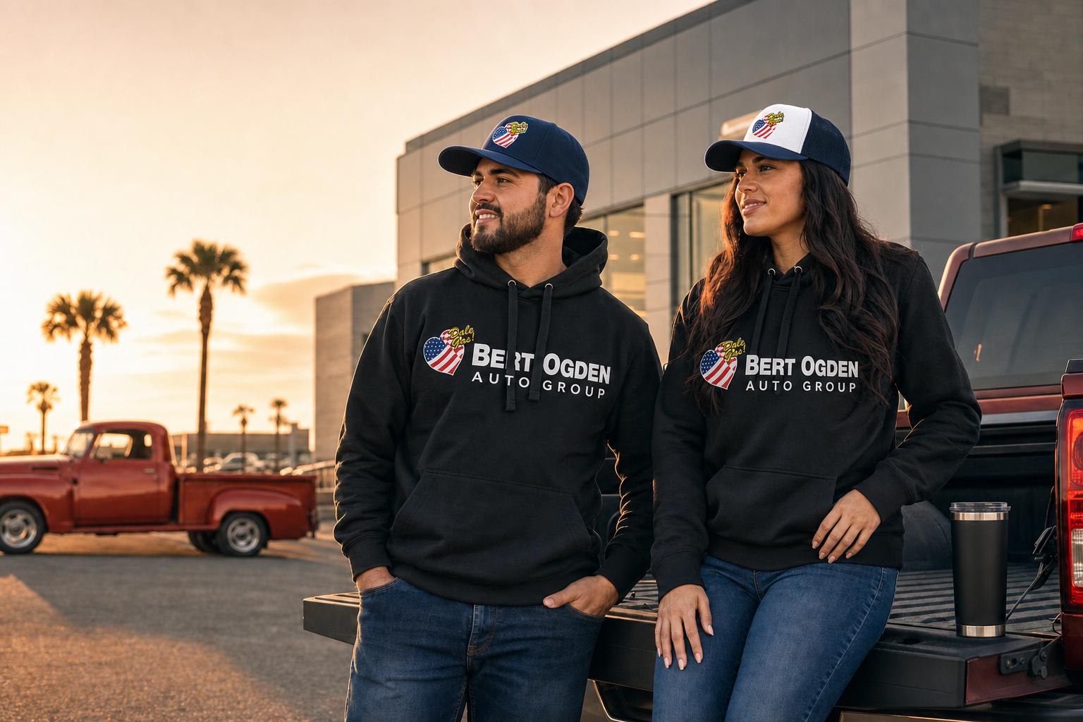 Two Bert Ogden team members wearing black logo hoodies and Dale Gas caps beside a pickup at sunset