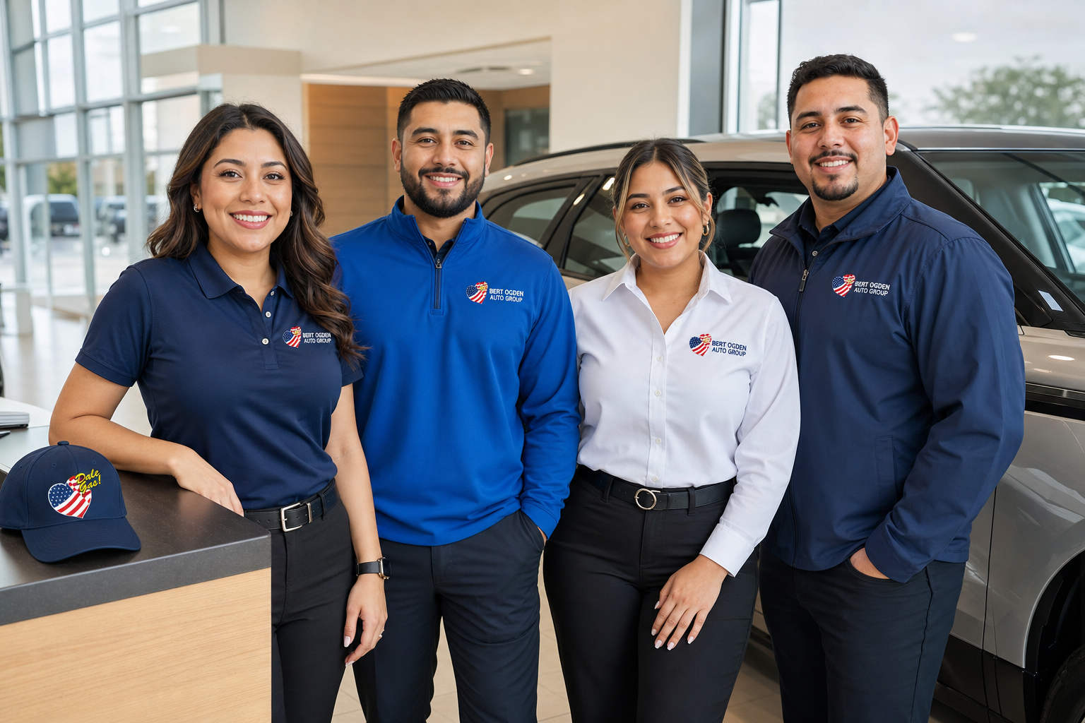 Bert Ogden dealership employees in coordinated branded apparel